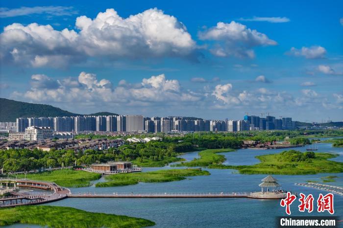 資料圖：航拍蘇州太湖湖濱國家濕地公園，藍(lán)天碧水生態(tài)美。 泱波 攝