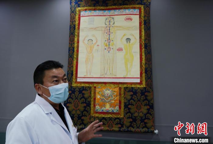 圖為興?？h藏醫(yī)院院長介紹藏醫(yī)四部醫(yī)典詳實圖。　馬銘言 攝