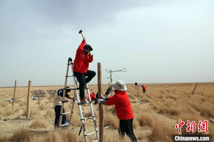 格爾木濕地站建設(shè)過程中，第二次青藏科考中科院空天院分隊隊員揮錘安裝防護(hù)欄?！?lt;a target='_blank' href='/'><p  align=
